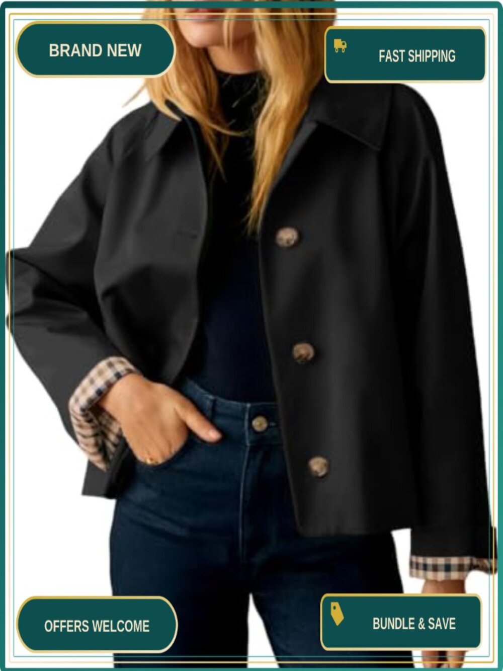 Women's Cropped Trench Coat Button Down Casual Jacket with Plaid Lining